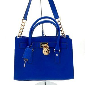 Michael Kors Mediterranean Blue Hamilton Medium Leather Satchel Lock Key EUC